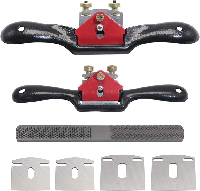 KOOTANS 2pcs 9" 10" Adjustable Spokeshave with Flat Base, 4pcs Replacement Blades and 4-Way Rasp File, Spokeshave Woodworking Tool, Perfect for Wood Craft, Planing Trimming, Deburring Tools