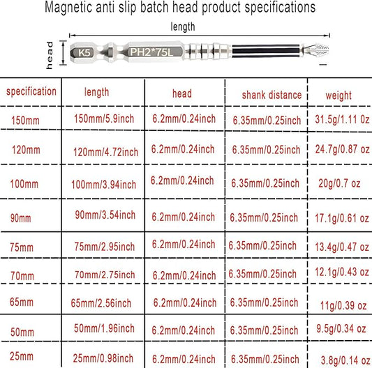 9pcs Strong Magnetic Screwdriver Drill Bit Set, Durability Screwdriver Drill Bit Set, Anti-Slip Magnetic Electric Screwdriver Set, 25 50 65 70 75 90 100 120 150mm