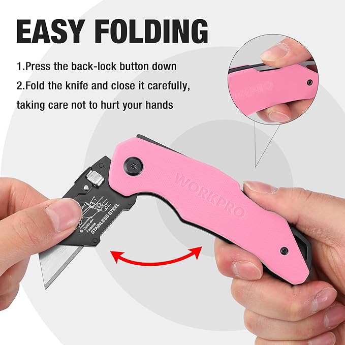 WORKPRO Folding Utility Knife G10 Handle with Stainless Steel Head, Quick-change Blade & Back Lock, Heavy Duty Box Cutter, 1PC Razor Knife with Extra 10PC SK5 Blades