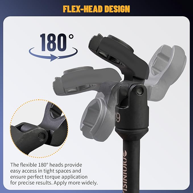6 Pieces Flex-Head Crows Foot Line Wrench Set 3/8" Drive Injector Fuel Line Sockets Wrench Set Metric 12/14/16/17/18/19mm