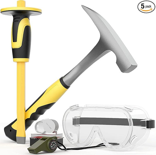INCLY 5 PCS Geology Rock Pick Equipment Kit, 32 oz. Rock Hammer with 12" Mason Concrete Chisel, Safety Glasses, Whistle, jewelers loupe, Tool Set for Hounding,Gold Mining & Prospecting, Stone Breaking