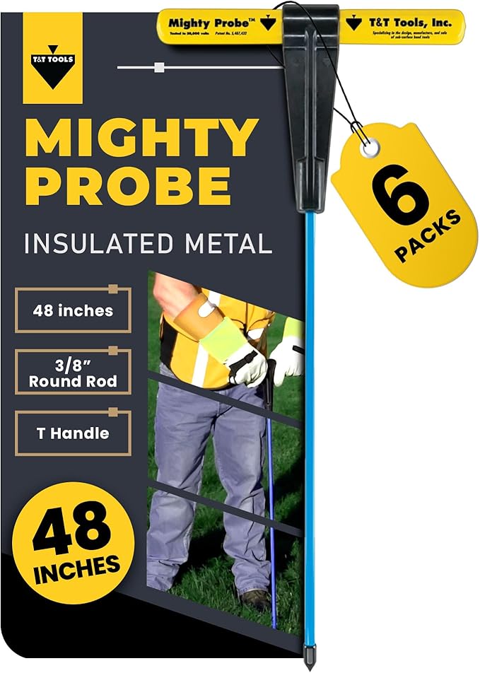 T&T Tools 48-Inch Mighty Probe Insulated Metal Soil Probe ??3/8" Metal Round Rod, Heavy Duty Design for Easy Penetration & Withdrawal, Soil Testing & Landscaping Tools, T-Handle, USA-Made-6 Pack