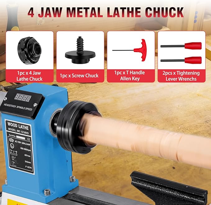12" x 18" Digital Display Benchtop Wood Lathe Machine and 4 Inch 4 - Jaw Wood Lathe Chuck Set