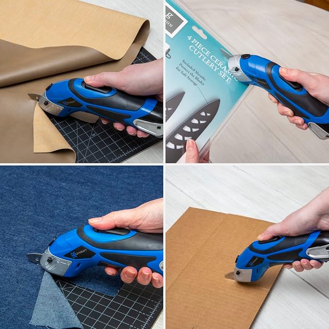 Cordless Electric Scissors for Cutting Fabric - Multifunctional Craft & Cardboard Scissors With Stainless Steel Blades & Replacement- 3.6V Lithium Ion Battery - Includes Charging Cable - Blue/Black