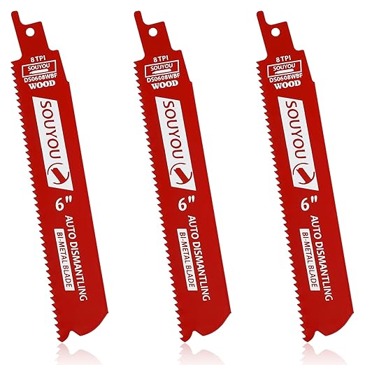 3 Pack 6 in 8 TPI Bi-Metal Reciprocating Saw Blades with Organizer Carbide Alloy Steel for Automobile Dismantling Metal Steel Cutting Non-Stick Coated for Less Heat for 1/16-5/16 Medium Metals