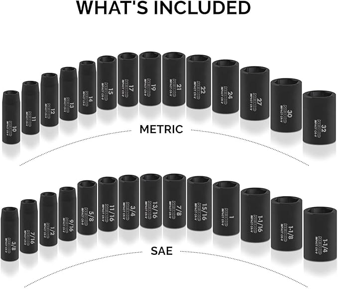 NEIKO 02446A 1/2" Impact Socket Set, 35 Piece, Deep Socket Kit Assortment, Standard SAE (3/8??1-1/4?? and Metric MM (10-32mm) Sizes, Includes Ratchet Handle and Impact Extension Bars