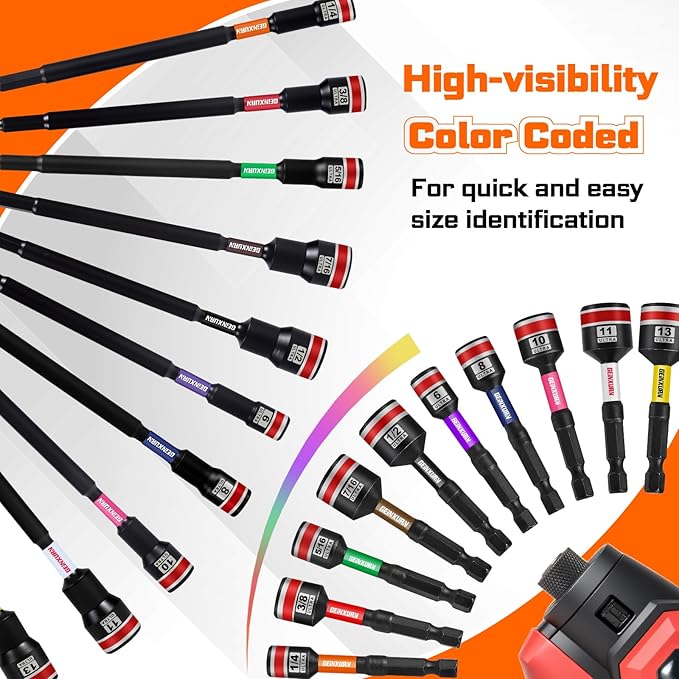 Impact Nut Driver Set, 10 Pieces 2.56???쒵ong 1/4?? Point Alloy Steel Magnetic SAE Nut Setter Set Use For Require Installing 1/4 Hex Shank Impact Driver with Case Box