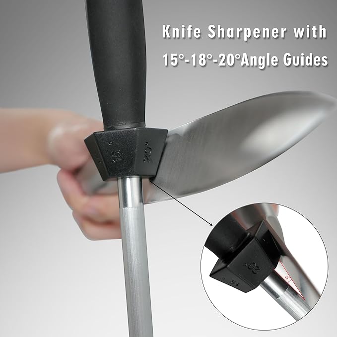Knife Sharpener Knife Sharpening Rod Honing Steel with 15째-18째-20째Angle Guides Professional Carbon Steel with Black Rubber Grip for Kitchen Chef House Gift 10''