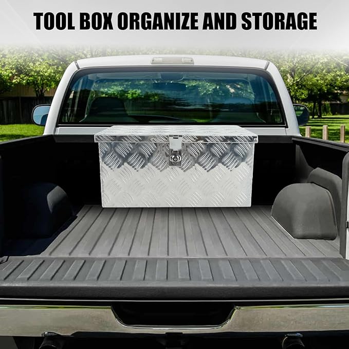 confote 20" Heavy Duty Aluminum Stripes Plated Tool Box Pick Up Truck Bed RV Trailer Toolbox Waterproof Square Storage Organizer with Side Handle, Lock with Keys -20"x 13"x 10"竊똕ilver