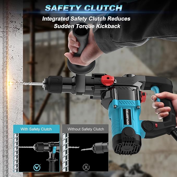 1-1/4" SDS-Plus Rotary Hammer Drill, 12.5 Amp Heavy Duty Rotary Hammer, 3 Functions with Safety Clutch, 6 Speed, Corded Rotomartillo for Concrete, Drill Bits, Flat/Point Chisels Included