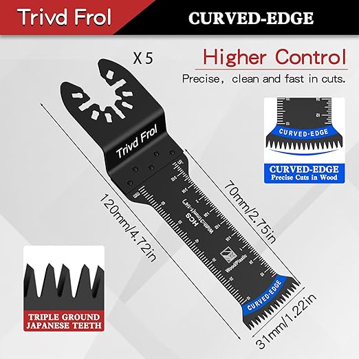 10 PCS Extra Long Oscillating Saw Blades, Curved Edge Bi-Metal and Japanese Teeth Multitool Blades Precise Cut for Wood Plastic Nails Metal, Multi Tool Blades Kits Fit Dewalt Milwaukee Bosch 70MM