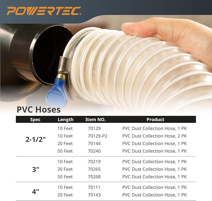 POWERTEC 4" x 10' Dust Collection Hose, 4 Inch Flexible PVC Dust Collector Hose for Table Saw, Band Saw, Planer, Jointer, Woodworking and Garage, WoodShop Dust Collection System (70111)