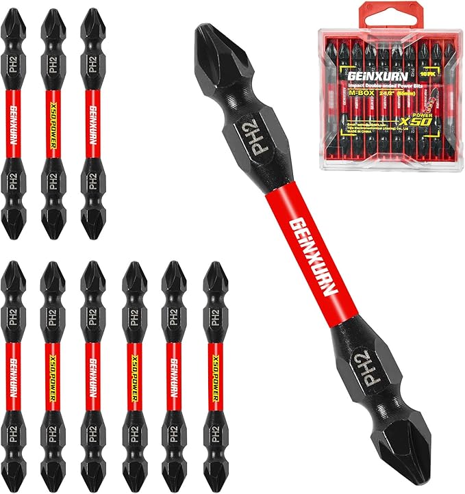 10Pcs PH2/PH2 Impact Double End Screwdriver Bit Set, 2.56 in. #2 Phillips Power Driver Bits, Magnetic S2 Steel PH2 Screwdriver Bits Set with Storage M-Box