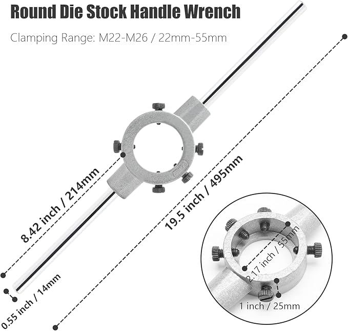 Qjaiune 2.17 inch / 55mm Round Die Stock Handle Wrench, Adjustable Die Wrench Handle Holder, Heavy Duty Threading Die Holder Handle (Metric, M22-M26)