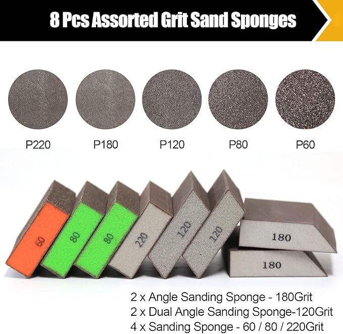 8 Pack Sanding Block, Single & Dual Angle Sanding Sponge Washable and Reusable Sanding Block for Wood Drywall Metal Glasses 60/80/120/180/220 Grit Sandpaper Block 2-3/4" 횞 5"