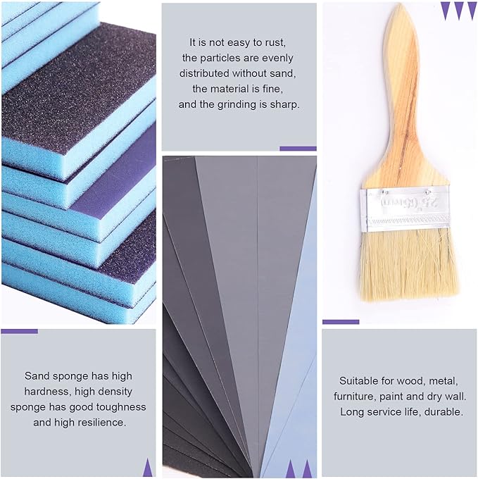 Swpeet 29Pcs 4.72 x 3.9 x 0.47 Inch 8 Sizes Blue #36-5000 Grit Ultra Fine Wet and Dry Sanding Sponge Sanding Blocks and 6 Sizes Sandpapers Sheets with Wooden Paint Brush Kit