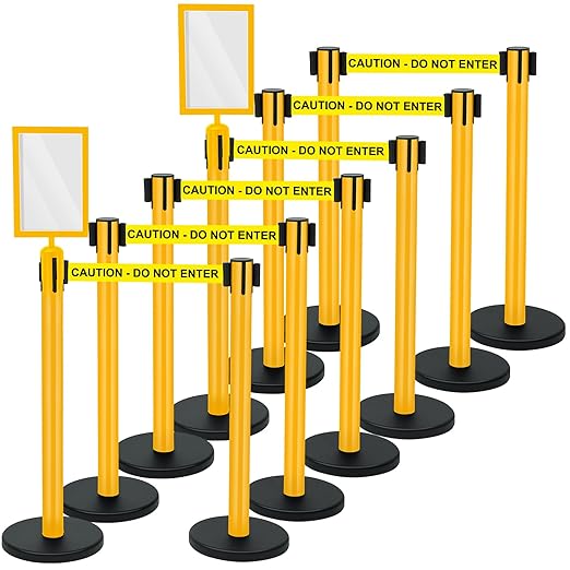 Therwen 12 Pack Heavy Duty Crowd Control Stanchions 9.8 ft Stainless Steel Stanchion Set with Safety Barrier Post Retractable Belt and Sign Holder Crowd Control Barrier(Caution Belt, Yellow)