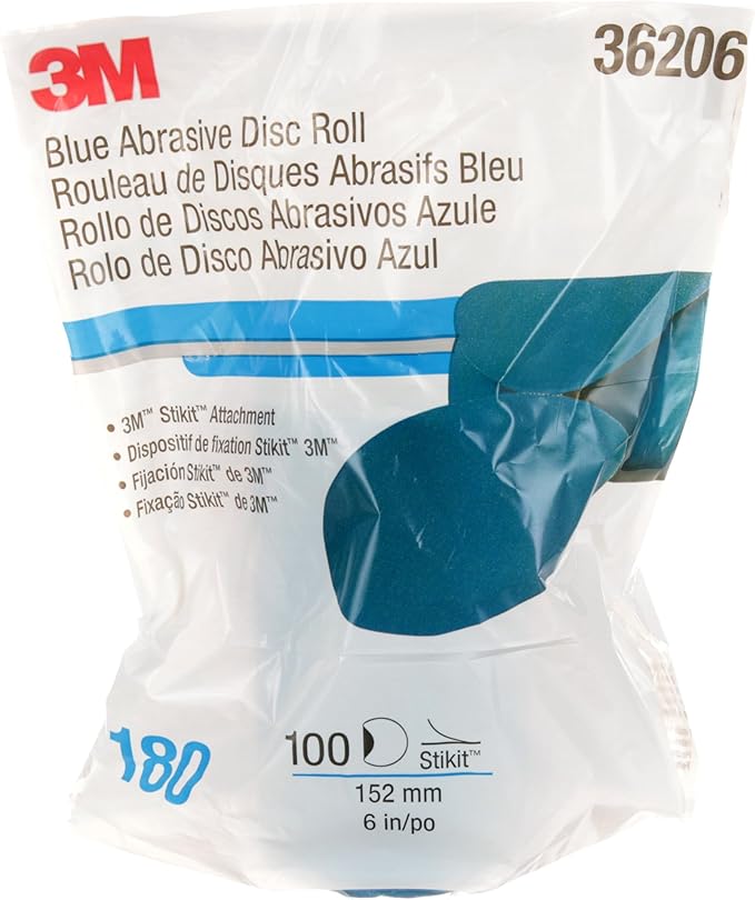3M Stikit Blue Abrasive Disc Roll, 36206, No Hole, 6 in, 180+ Grade, Pack of 100, Automotive Sanding Discs for Coating Removal, Body Repair, Auto Sanding, Primer Sanding