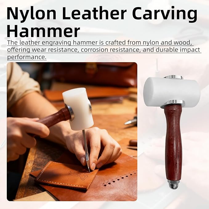 Leather Carving Hammer Mallet Wood Handle - 2PCS Set (Hammer + Compass), Durable, Easy Grip, Ideal for Leathercraft/DIY Stamping, Perfect for Leather Enthusiasts/DIY Crafters