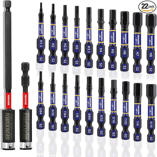 22Pieces 2 In. Multi Hex Head Impact Tough Magnetic Allen Wrench Drill Bits Set, Metric&SAE Power Bits Set, S2 Steel Hex Screwdriver Bit set with 3?쒫it Holder