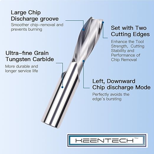KEENTECH 1/4" Shank Downcut 2 Flute Flat Tip Sprial Router Bit for CNC Router Machine, 1/16" Cutting Diameter, 1/2" Cutting Depth, for Wood Cutting, Custom Furniture, Slot Mortise, Engraving, Carving