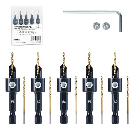 toolant Countersink Drill Bit Set,5Pcs #4 Counter Sink Drill Bit Set for Wood, High-Speed Steel 5 Spare Bits Adjustable for Woodworking and Carpentry, Pilot Screw Hole Set