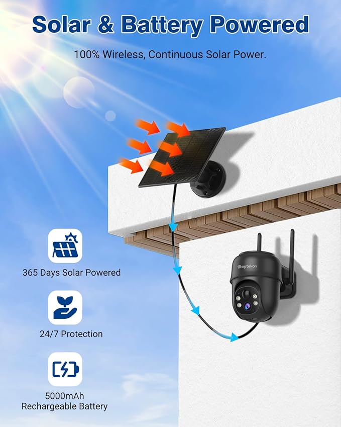 Septekon 2K Solar Security Cameras Wireless Outdoor 2 Pack, 360째PTZ Battery Powered Outdoor Camera, 2.4G WiFi Camera with Spotlight Color Night Vision, Motion Sensor Alarm, IP66, Black