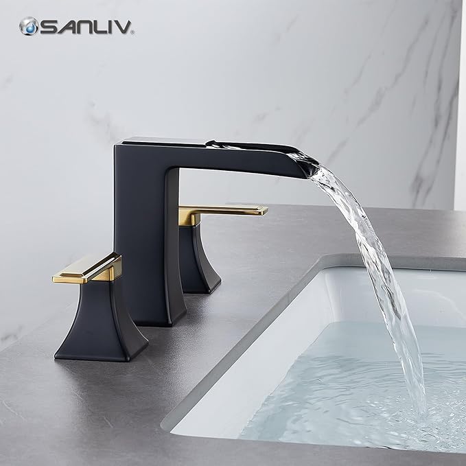 Two-Tone Black and Gold Bathroom Faucet, Sanliv 2-Handle Widespread Bathroom Faucet for 3-Hole Sinks 4-8 Inch, 3-Piece Waterfall Vanity Faucets with Pop-Up Drain, Black and Gold