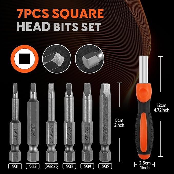 7PCS Magnetic Square Head Screwdriver Bits(50mm) SQ1 SQ2 SQ2.75 SQ3 SQ4 SQ5 Portable Multi-Purpose Screwdriver Set for Home, Work, DIY