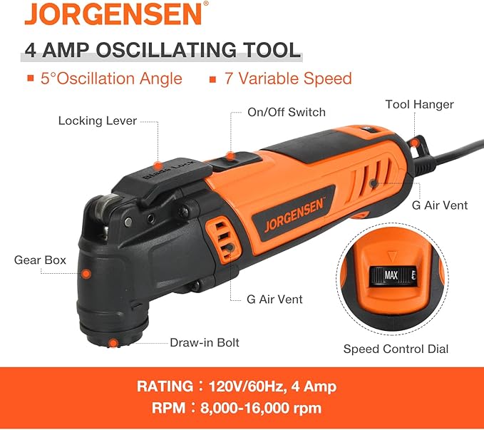 JORGENSEN Oscillating Tool 5째Oscillation Angle, 4 Amp Oscillating Multi Tools Saw, 7 Variable Speed with 16-piece Electric Multitool Blades & Carrying Bag - 70800