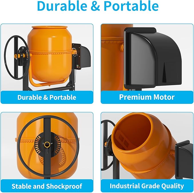 5.5 Cu.Ft. Concrete Mixer, Heavy Duty Portable Concrete Mixer with Wheel & Stand, Electric Cement Mixer Machine with 140L Drum, 120V Motor for Concrete, Mortar,Seeds, and Feed,Orange.