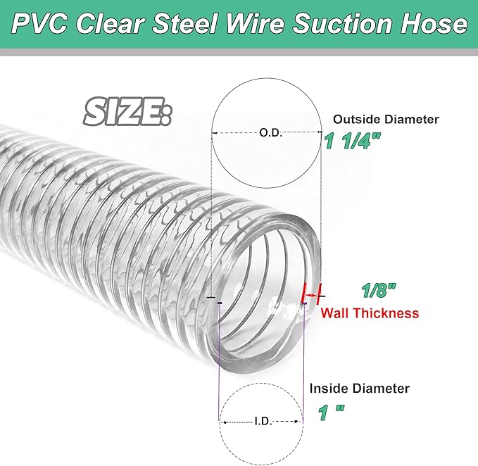 1"id-10ft PVC Reinforced Tubing Steel Wire Suction Flexible Hose Vinyl Tubing Heavy Duty PVC Vacuum Hose Drain Fuel Oil Gas Water for Marine Bilge Pump Pond Spa