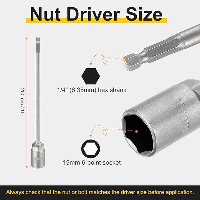 HARFINGTON 2pcs Nut Driver Drill Bit 19mm Metric Socket 1/4" Hex Shank 10" (250mm) Extra Long Magnetic 6-Point Sockets Quick Change 40Cr Steel Bolt Setters for Power Drill Drivers