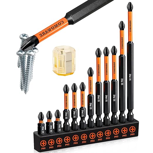 COMOWARE 12pcs Phillips Head Drill Bits #2, S2 Steel 1/4" Hex Bit Set, Anti Slip Screwdriver Bits, 1-6" Length, CNC Tip Magnetic Drill Bit, Impact Hex Bitss Sets For Electronic Devices Disassembly