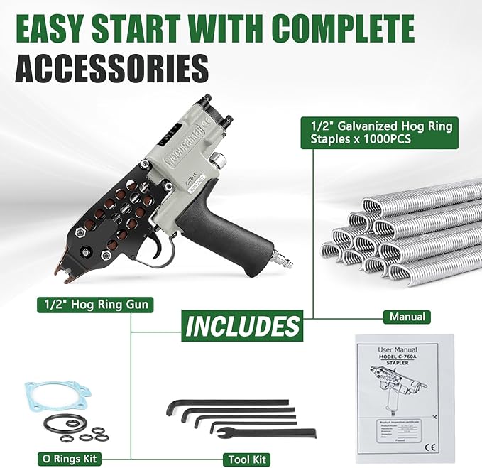 Woodpecker C-760A 16 Gauge Pneumatic Hog Ring Gun Kit, 1/2-Inch Crown, with 1000PCS Hog Ring Staples, 3.0-4.0mm Closing Diameter, Air Hog Ring Plier Tool, C Ring Gun for Cages, Fencing, Car Seat