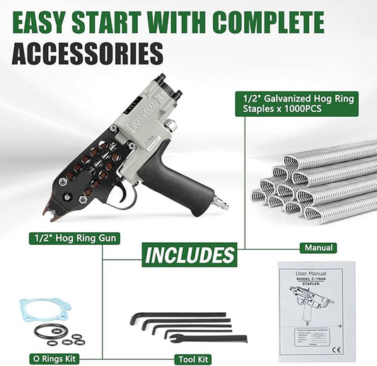 Woodpecker C-760A 16 Gauge Pneumatic Hog Ring Gun Kit, 1/2-Inch Crown, with 1000PCS Hog Ring Staples, 3.0-4.0mm Closing Diameter, Air Hog Ring Plier Tool, C Ring Gun for Cages, Fencing, Car Seat
