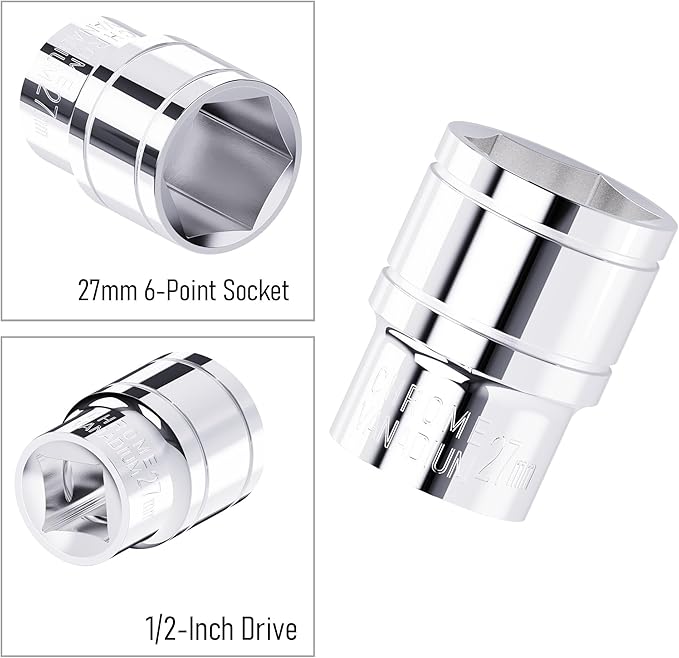 27mm Shallow Socket, 1/2 Inch Drive, 6-Point, Metric, Heat Treated CR-V Steel Short Sockets, Full Polishing, 1.7 Inch Length