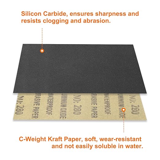 HARFINGTON 25pcs Sandpaper 280 Grit 9 x 11 Inch C-Weight Backing Silicon Carbide Abrasive Wet Dry Sanding Sheets for Wood Finishing, Metal Sanding, Automotive Polishing