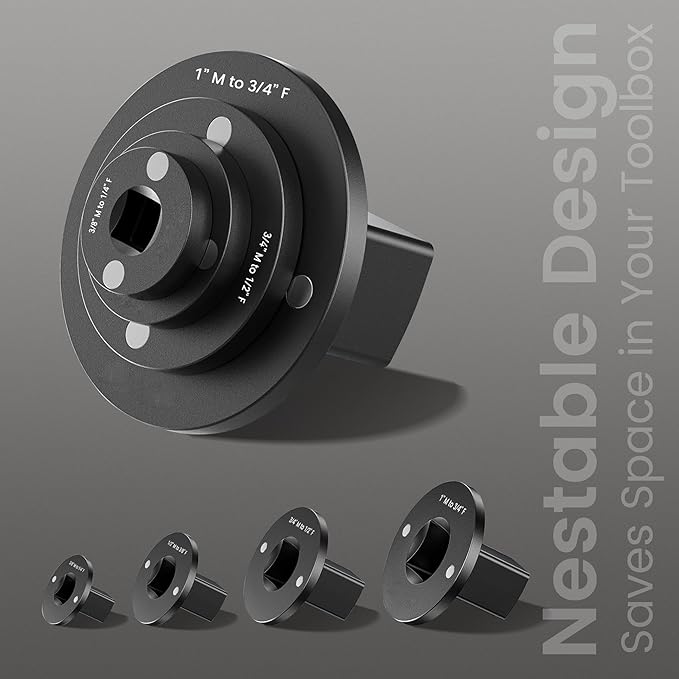 4PCS Thin Wall Impact Adapter Set ??Made of Cr-Mo steel, includes 3/4"-1", 1/2"-3/4", 1/2"-3/8", 1/4"-3/8". Magnetic compact design, ideal for tight spaces and ratchet drives.