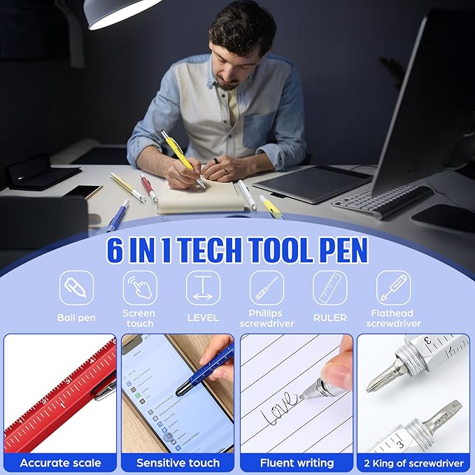 Honoson 120 Pcs Tool Pen for Men Gift 6-in-1 Multitool Tech Tool Pen with Ruler, Level Gauge, Ballpoint, Stylus, Screwdriver and Slotted Screwdriver Multifunction Gift for Dad Father Day (Fresh Color)