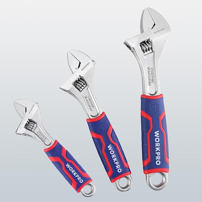 WORKPRO 3-piece Adjustable Wrench Set, Cr-V Wide Jaw Wrench With Rubber Anti-Slip Grip, 6-inch, 8-inch, 10-inch with Metric/SAE Scales, Chrome Plated