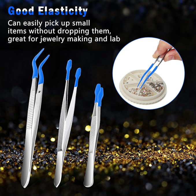 3PCS Tip Tweezers, Silicone Rubber Flat Tipped Tweezers Bent Tip for Jewelry Coin Stamp (Blue)