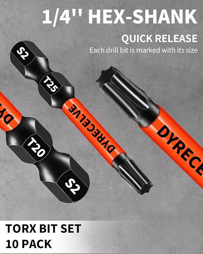 Impact Torx Bit Set T15 T20 T25 T30 T40, 10-Pack 2 Inch S2 Steel Magnetic Power Bits for Impact Driver, 1/4 Inch Hex Shank Heavy Duty Magnetic Grip (Anti-Slip)