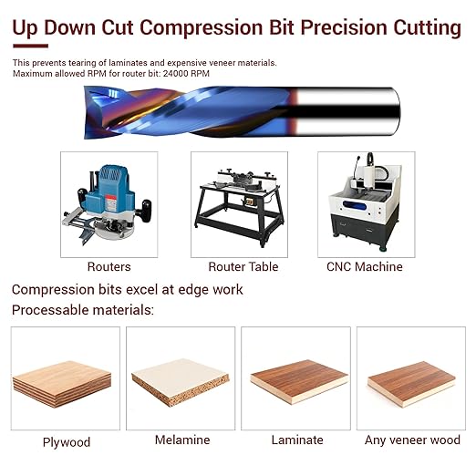 Long-Lasting Sharp 1/2 Compression Router Bit - K30 Premium Carbide CNC Up Down Spiral Mill Bit, 1-1/4 Inch Cut Length, 1/2" Shank for Plywood, Laminate, MDF, Melamine & Veneered Wood by YFTOOL