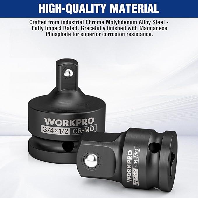 WORKPRO 2-Piece Impact Socket Adapter and Reducer Set, 3/4" F to 1/2" M & 1/2" F to 3/4" M Drive Socket Adapter Set, Cr-Mo Steel, Square Drive Adapter for Impact Driver Conversions