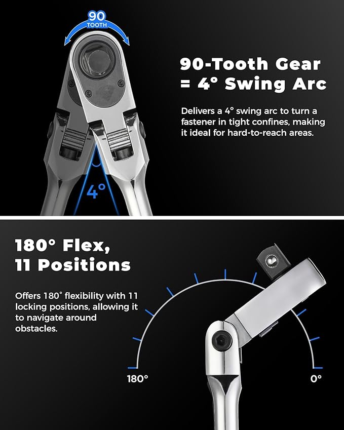 toolant 4Pcs Flex Head Ratchet Set, 1/4??3/8"&1/2" Drive Gear Wrench Compact Head Ratchet Wrenches, 90-Tooth Gear, 180째 Flex, 11 Positions, Longer Handle, 1.5X ASME Durability