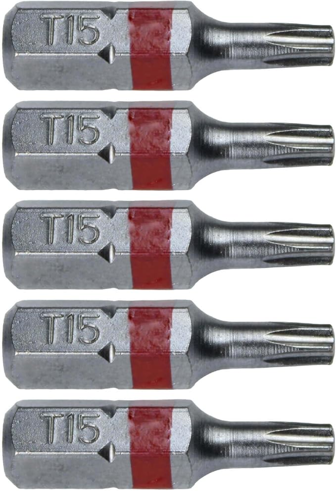 T15 x 1" Color-Coded Torx/Star Driver Bit - Precision Fit for T-15 Screws and Fasteners, 5-Pack