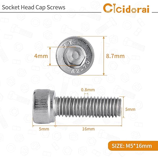 Cicidorai M5-0.8 x 16mm Socket Head Cap Screws Bolts, 304 Stainless Steel (A2-70), Allen Socket Drive, Bright Finish, Full Machine Threads, Quantity 100