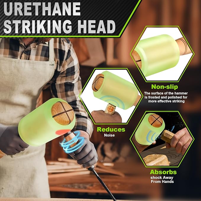 Wood Carving Mallet 12 oz - Non-Slip Woodworking Hammer for Chisels, Gouges & Carving Tools, Light Green Urethane Head