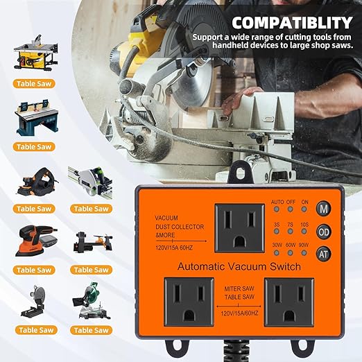 Automatic Vacuum Switch, Autoswitch for Dust Collector Woodworking Shop Miter Saw,120V/15A, Auto/On/Off 3Modes, Adjustable Delay Shutoff